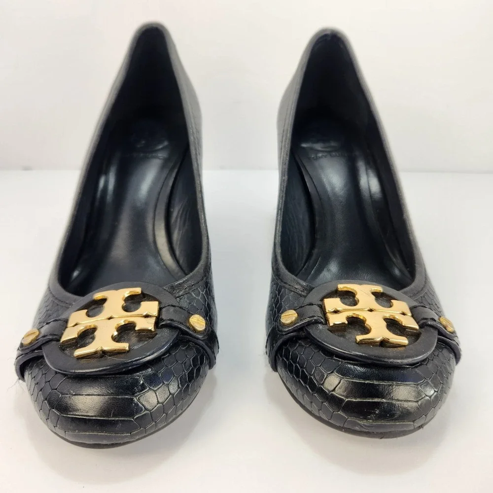 Tory Burch Janey Women's Elegant Classy Black Leather Block Heel Logo Pumps 7M